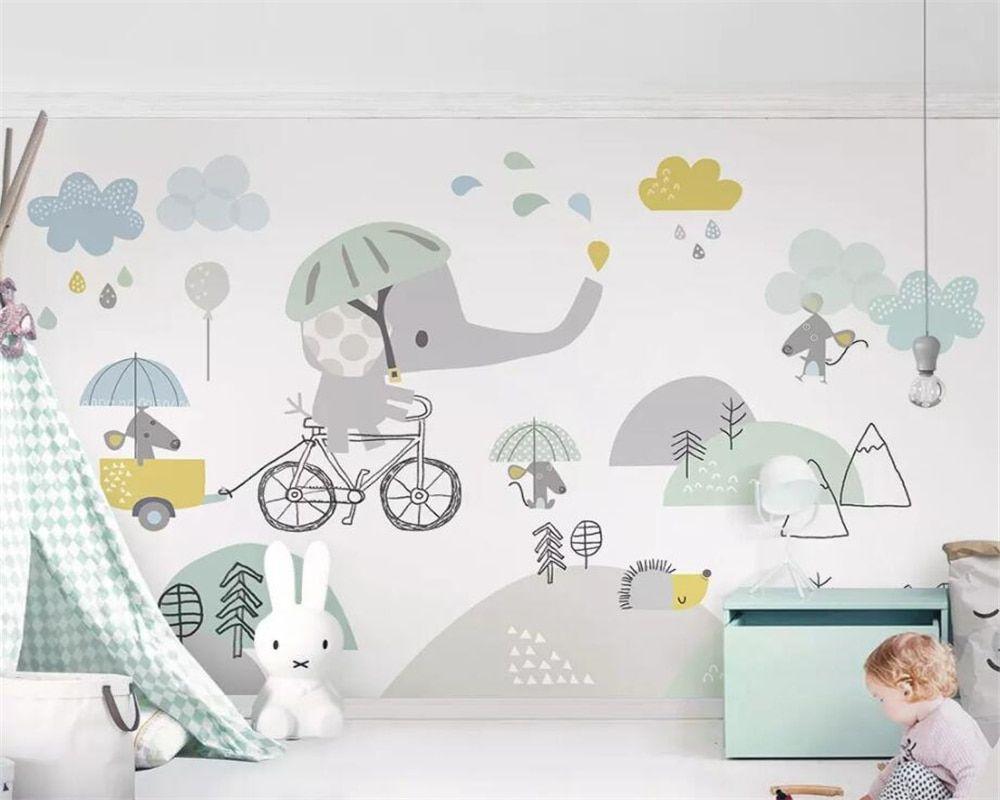 1000x800 US $9.0 40% OFF. Beibehang Custom Wallpaper Cute Cartoon Elephant Riding Bicycle Hamster Cloud Children Background Wall Decoration 3D Wallpaper In