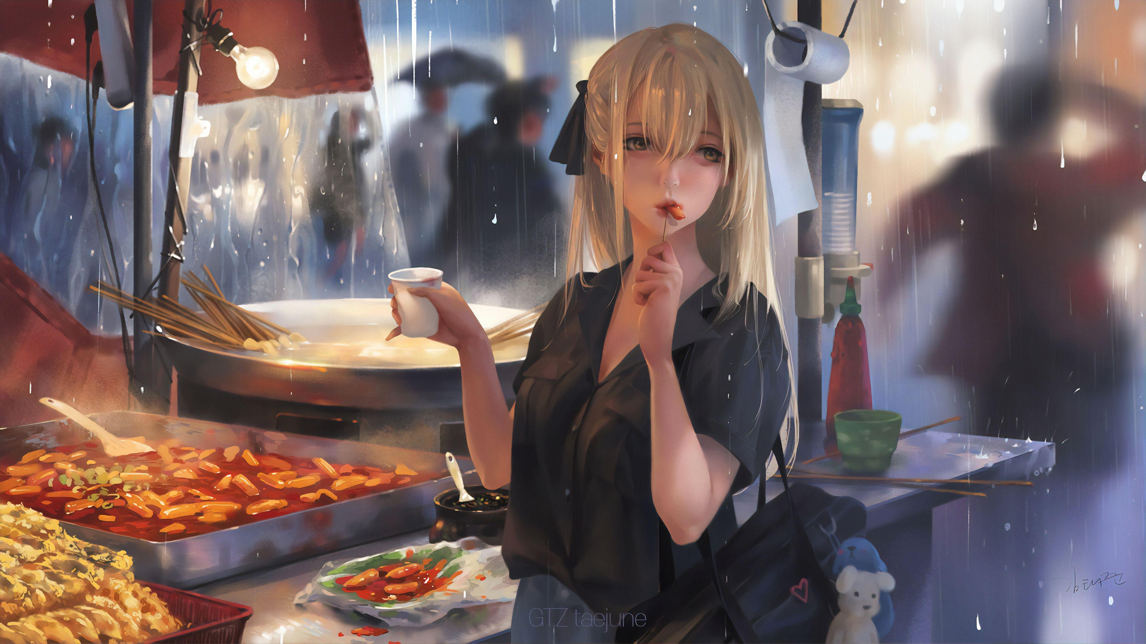 3840x2160 Cô gái trong anime ăn thức ăn đường phố 4k, Anime HD, Hình nền 4k