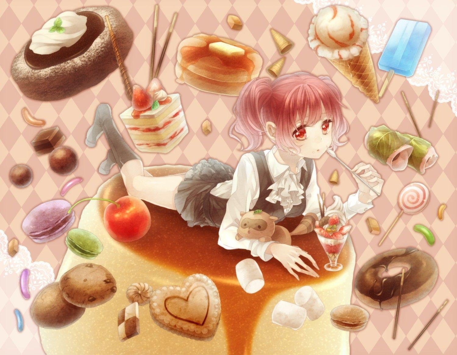 1500x1166 thực phẩm, tóc đỏ, kem, bánh quy, mắt đỏ, nhăn nheo, anime