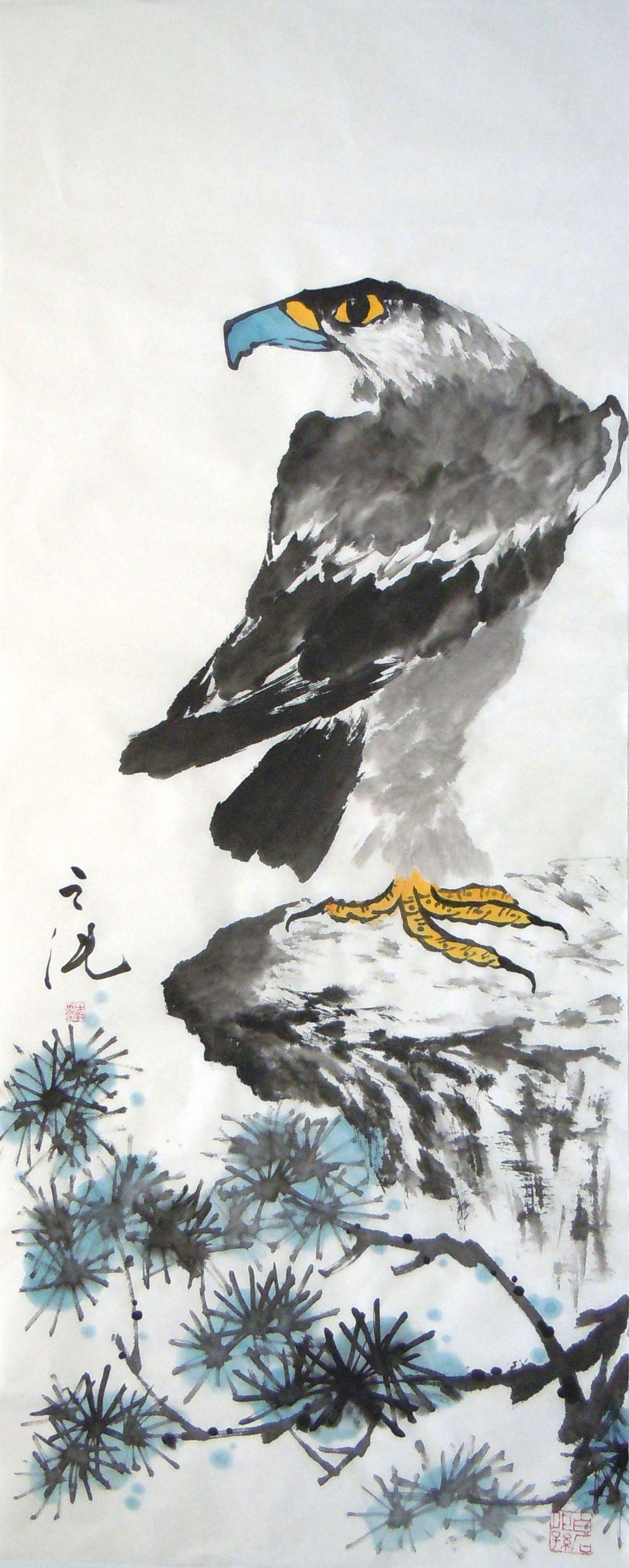 1690x4213 A Standing Eagle at the Top of the Mountain./ 高山雄鹰. Painting