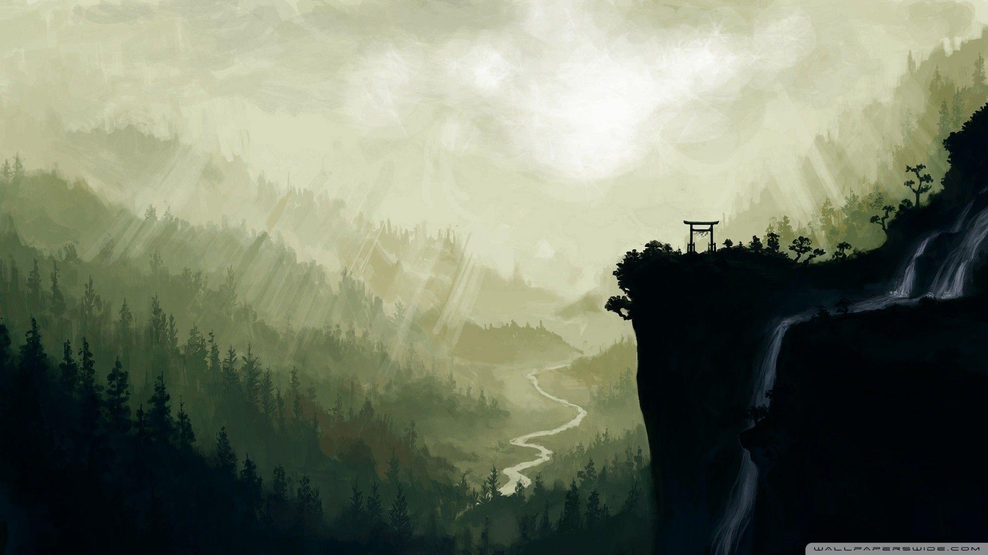1920x1080 Waterfalls: Painting Japanese Waterfall Cliff Tree Japan Desktop