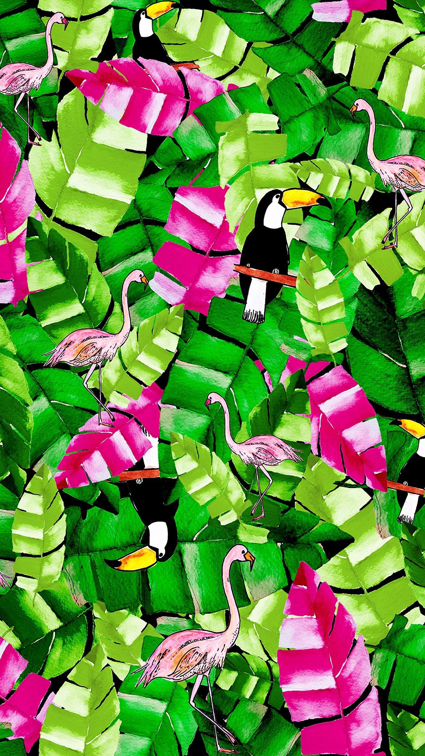 1440x2560 Download wallpaper 1440x2560 birds, leaves, pattern
