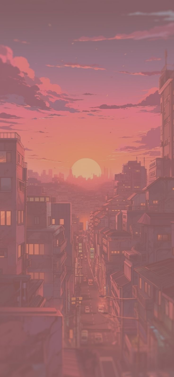 736x1592 City & Sunset Anime Background Wallpaper