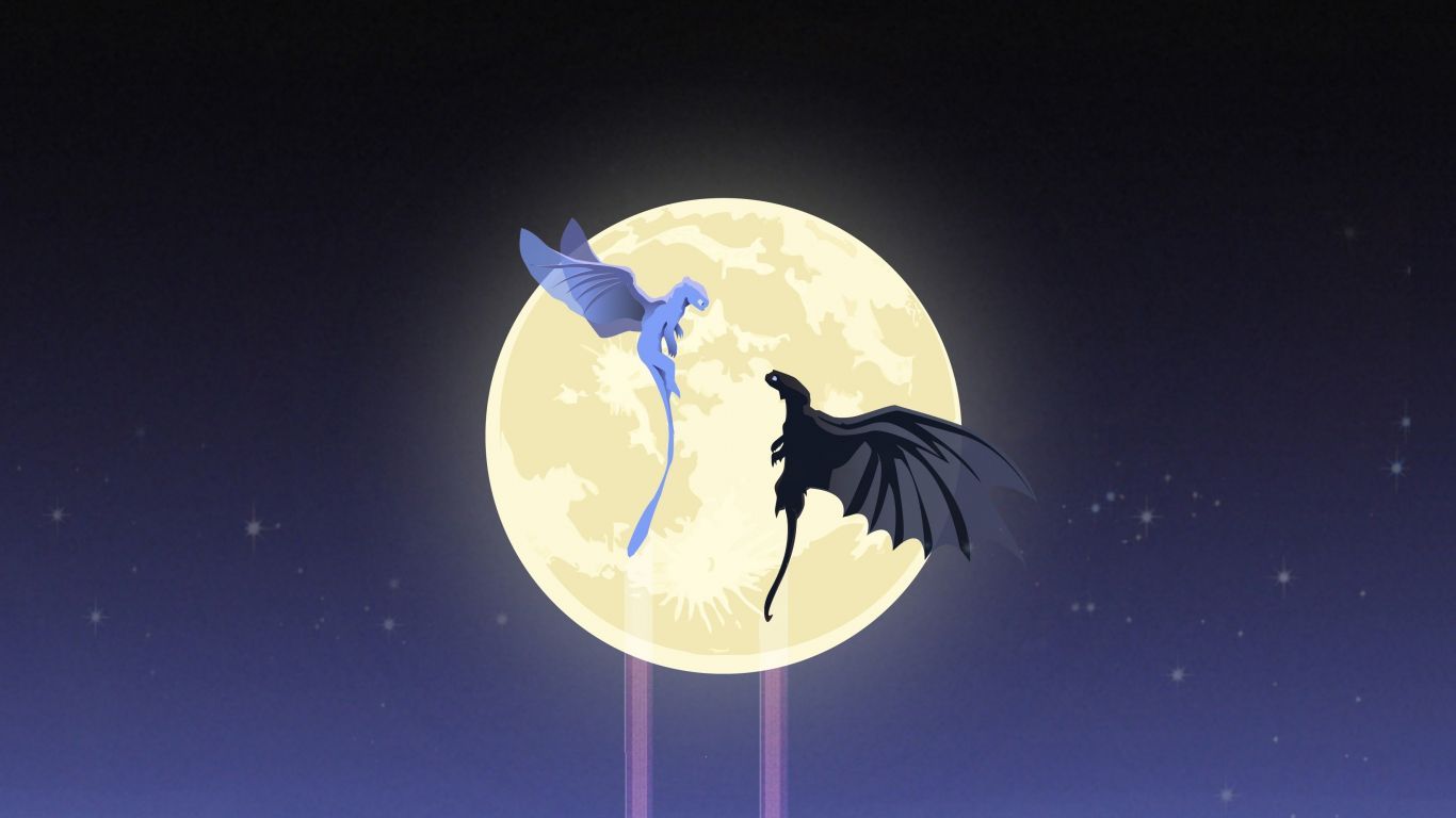 1366x768 Toothless and light fury dragon moon