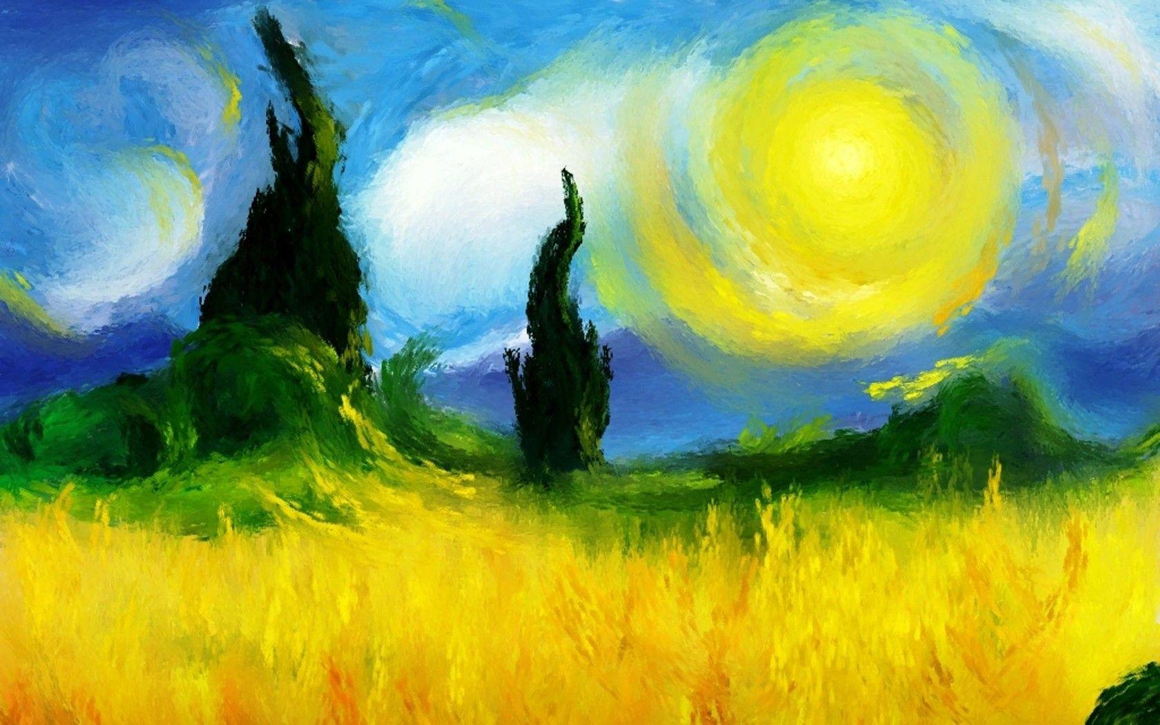 1680x1050 Trees, Background, Hq, Painting, Sun, Clouds Impressionist