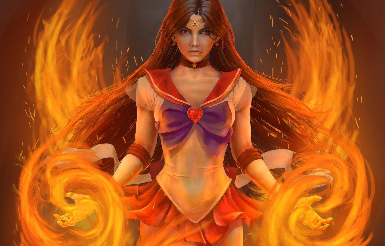 1332x850 Wallpaper girl, fire, anime, dress, art, sailor mars, Sailor