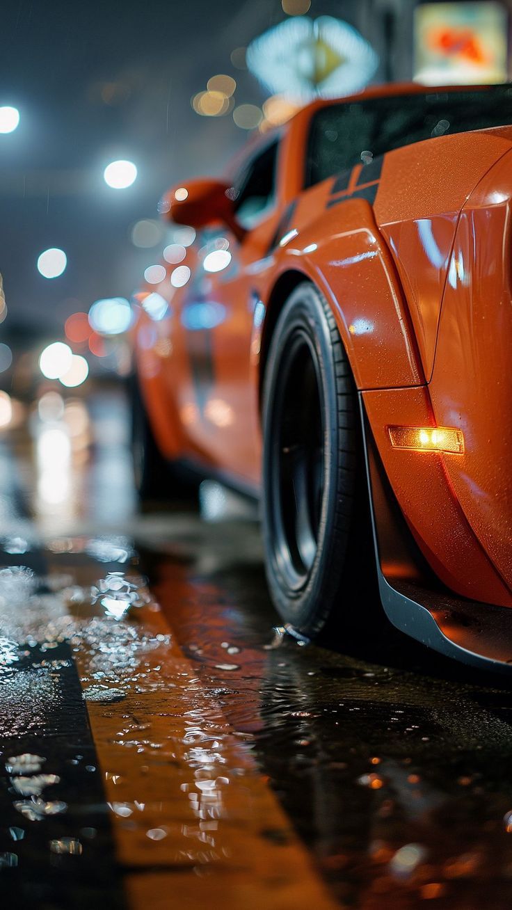 736x1308 Wallpaper dodge challenger, car, orange, road, rain, night, AI 4K by ExAi. Download wallpaper dodge challenger, car, orange, road, rain, night for free