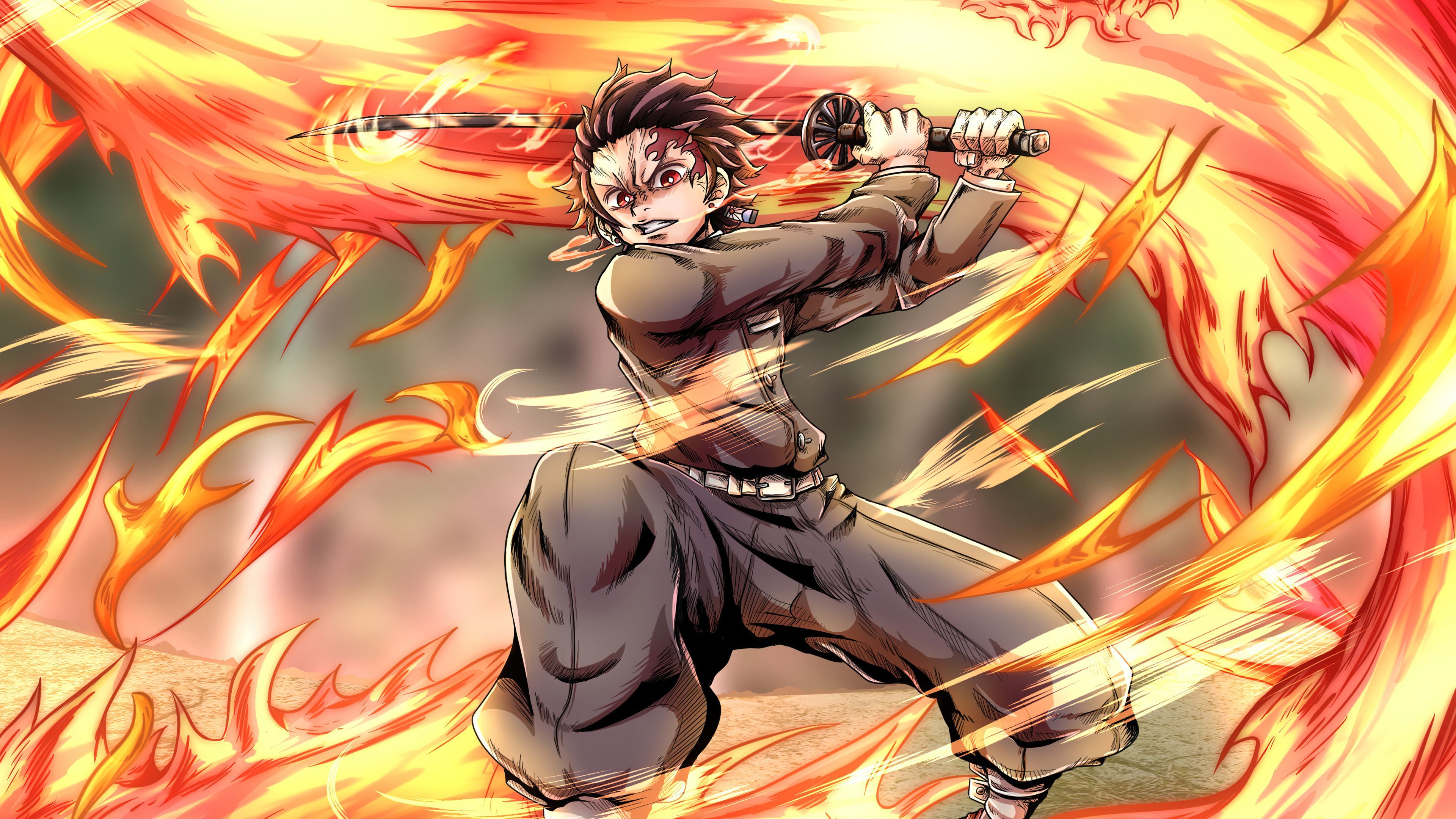 3840x2160 Tanjiro Flame Demon Slayer Wallpaper 4K