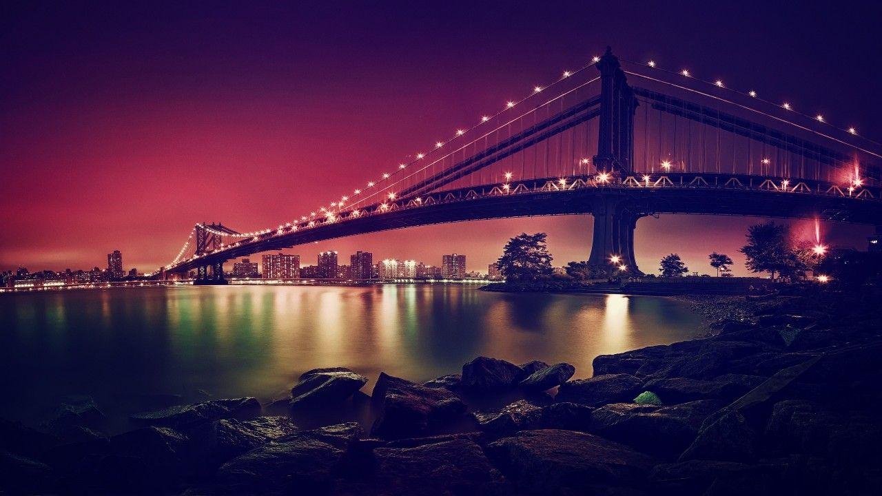 1280x720 Wallpaper Manhattan Bridge, Suspension bridge, New York City