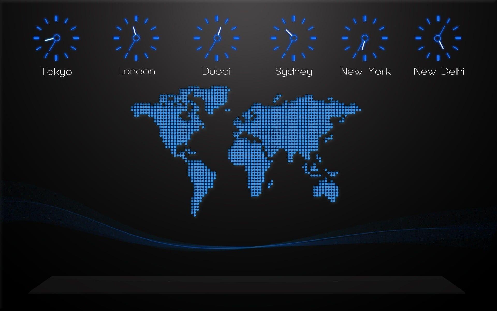 1920x1200 Blue and black world time wallpaper, black background, world