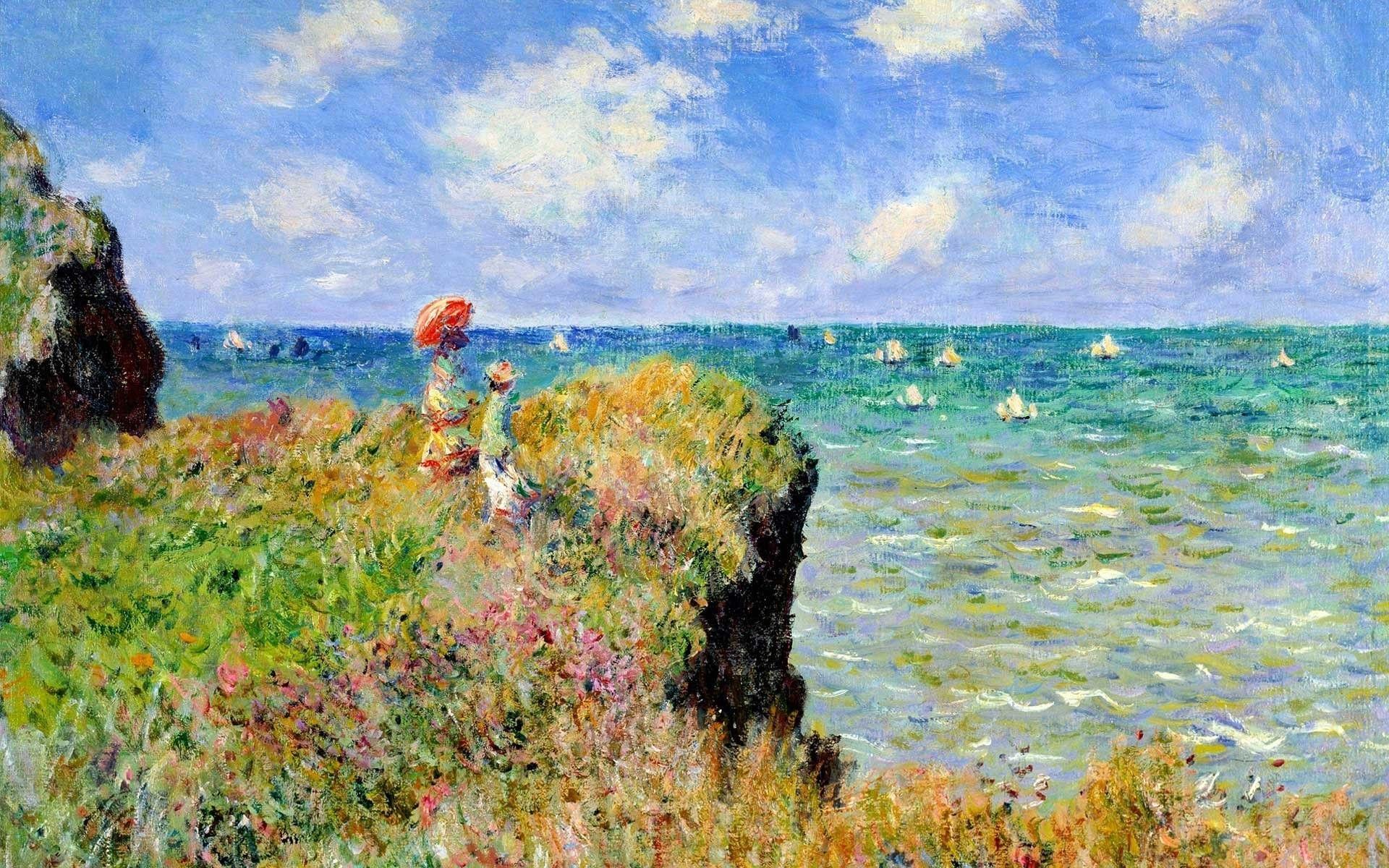 1920x1200 Claude Monet, Painting, Sea, Cliff, France, Parasol, Classic