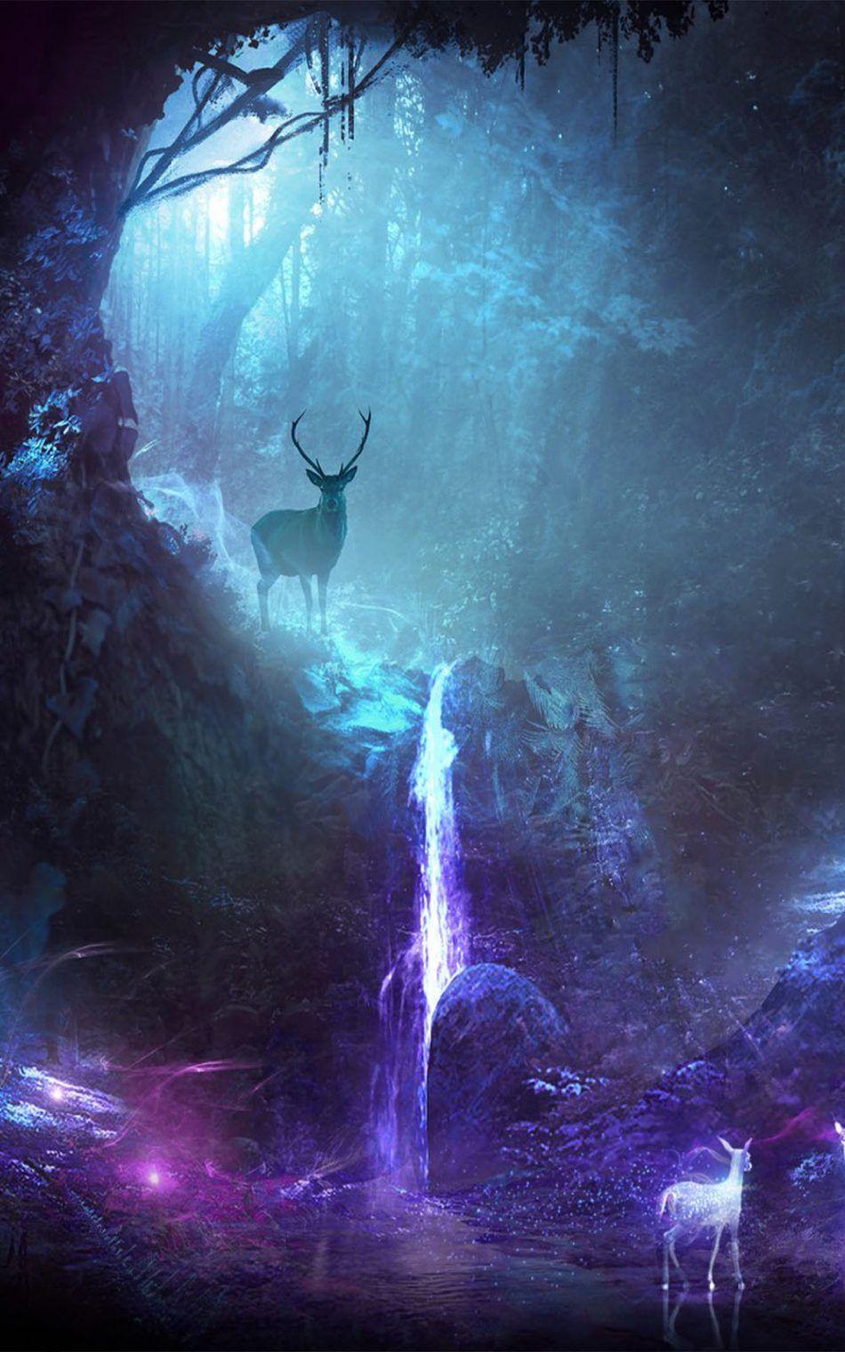 950x1520 Deers Waterfall Neon CGI 4K Ultra HD Mobile Wallpaper