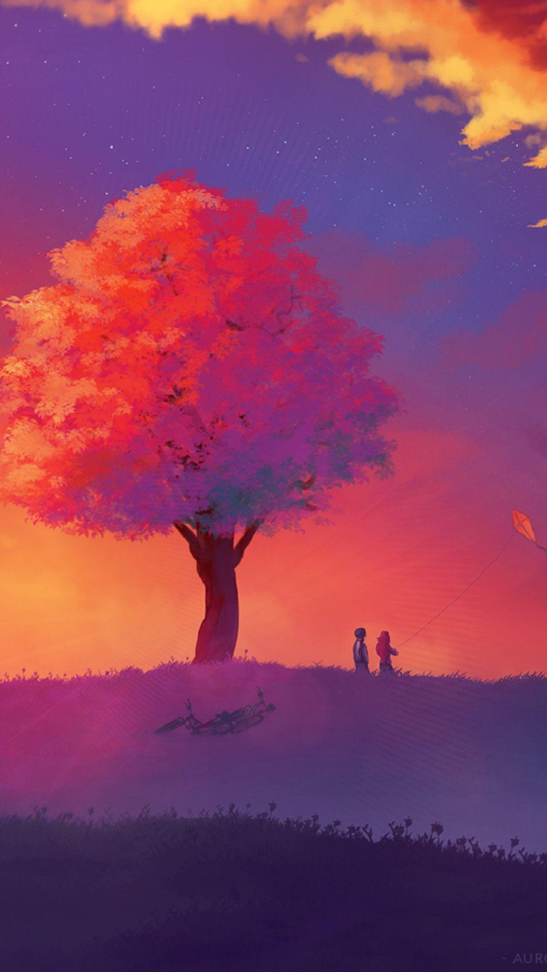 1082x1922 Kite Colorful Painting Sunset Tree, HD Artist Wallpaper