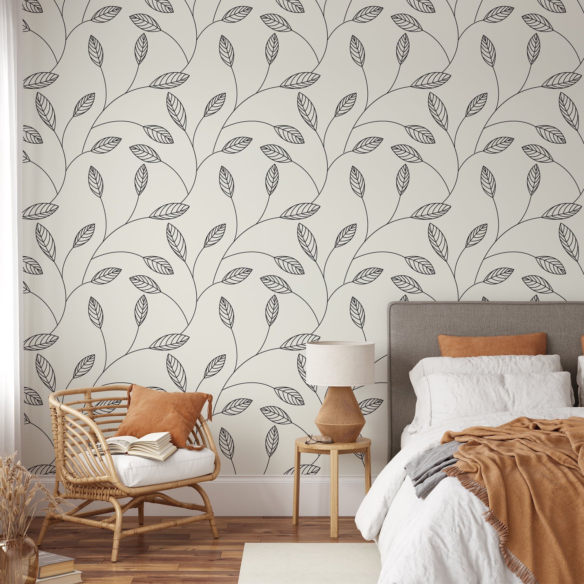 2000x2000 Simple Abstract Leaves Line Art Wallpaper, Minimalist Leaf Art Peel & Stick Wall Mural