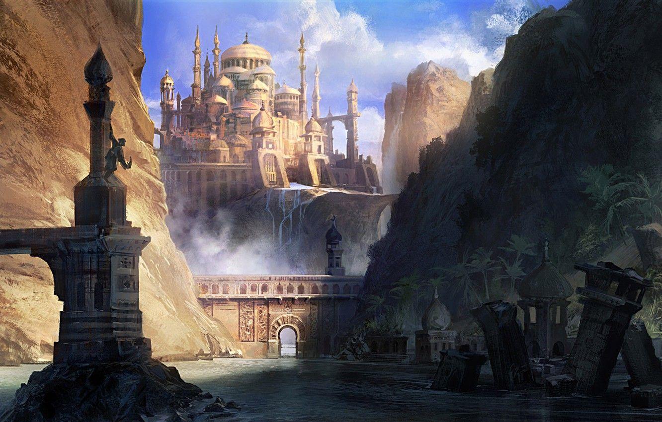 1332x850 Wallpaper mountains, the city, river, rocks, people, art
