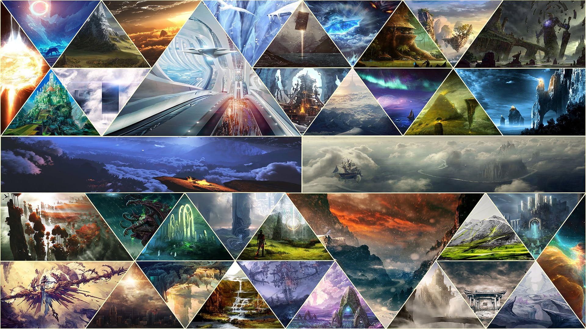 1920x1080 Forest illustration collage, fantasy art, geometry, triangle