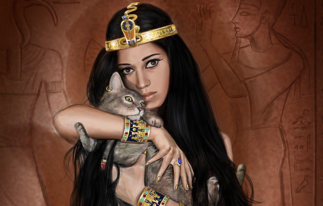 1332x850 Wallpaper cat, girl, decoration, art, Egypt, Egyptian, Queen