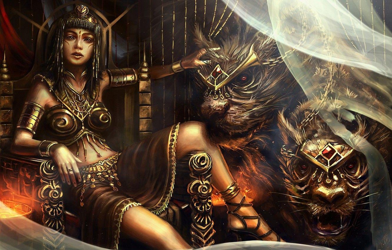 1332x850 Wallpaper girl, decoration, cats, predators, art, monsters
