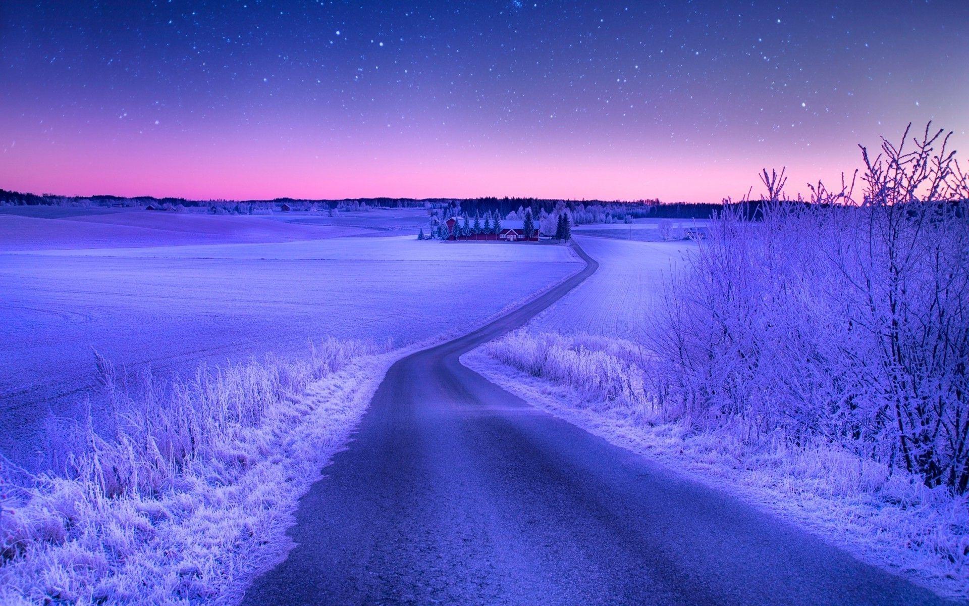 1920x1200 landscape nature road winter snow field stars