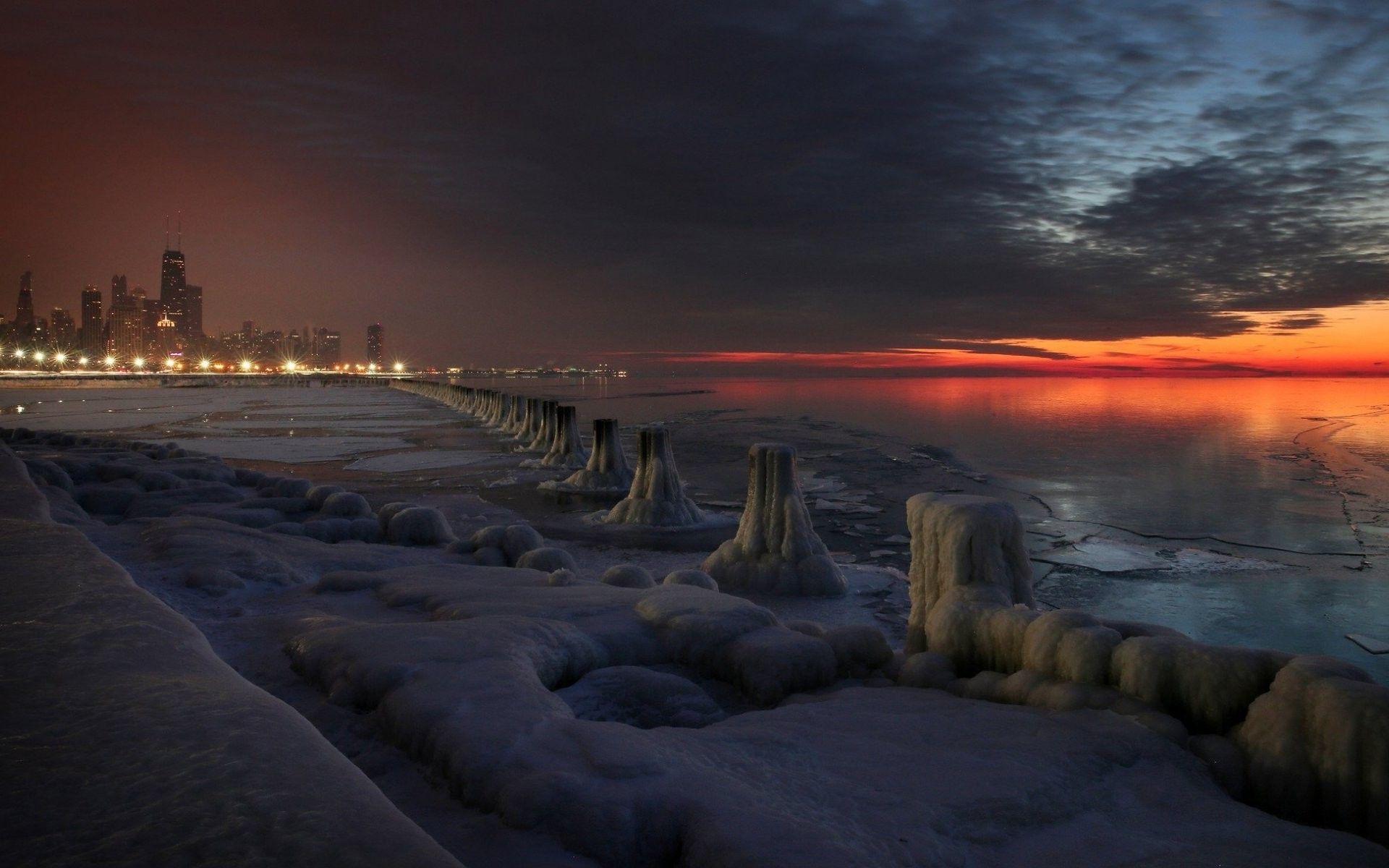 1920x1200 winter nature snow night chicago dusk ice skyscraper