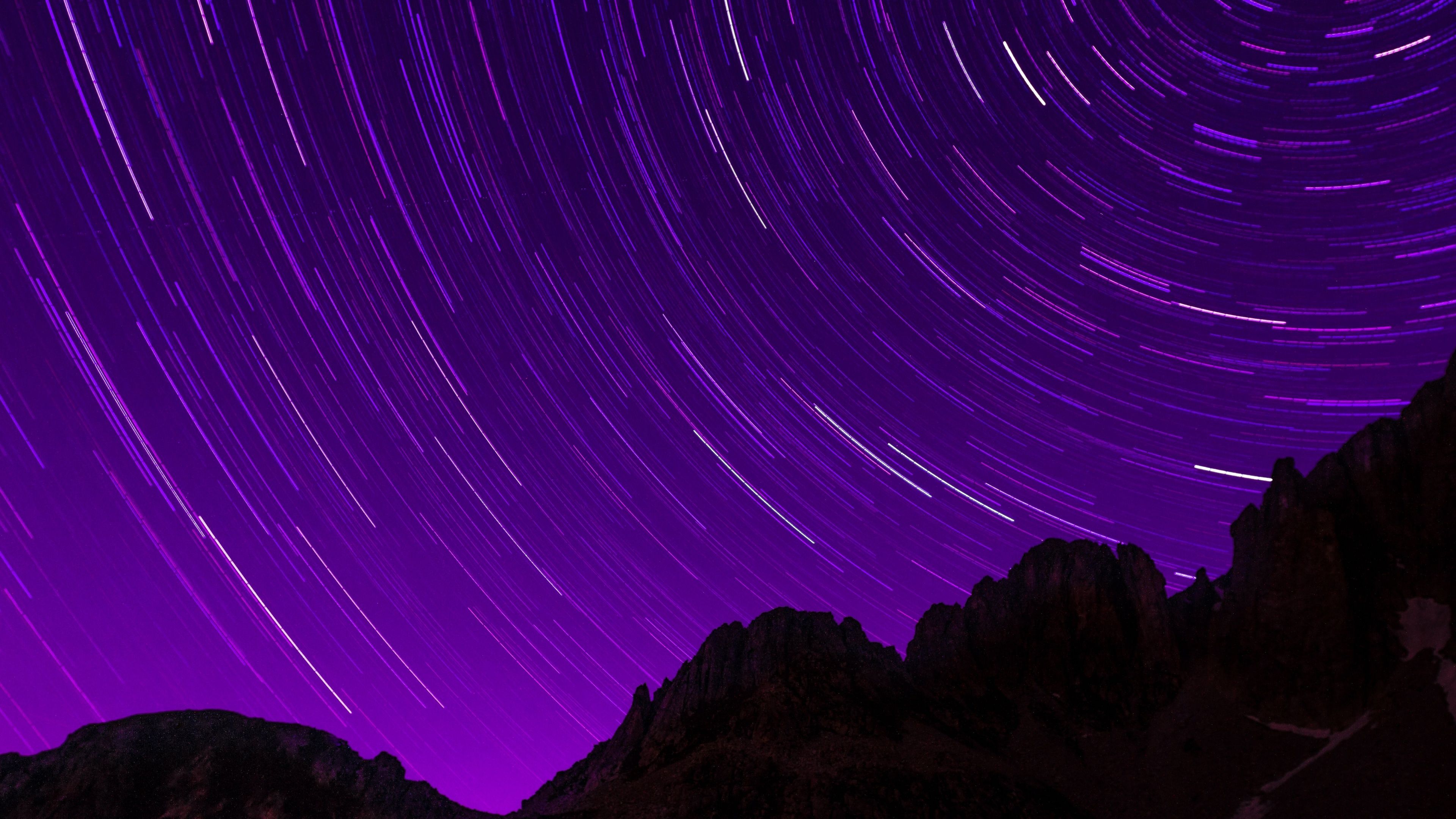3840x2160 Star Trails Wallpaper 4K, Purple sky, Timelapse, Night sky