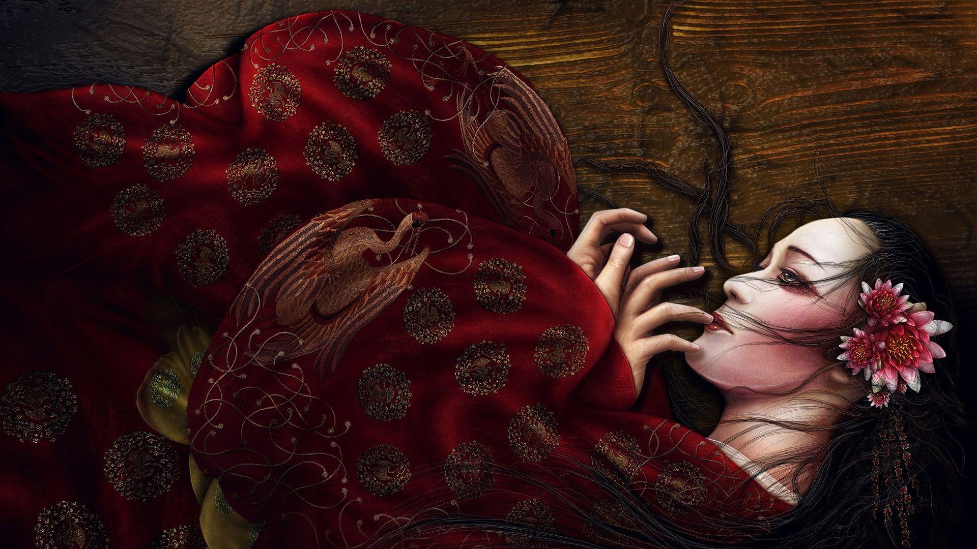 1920x1080 floor, women, Japan, Japanese, kimono, lying down, oriental