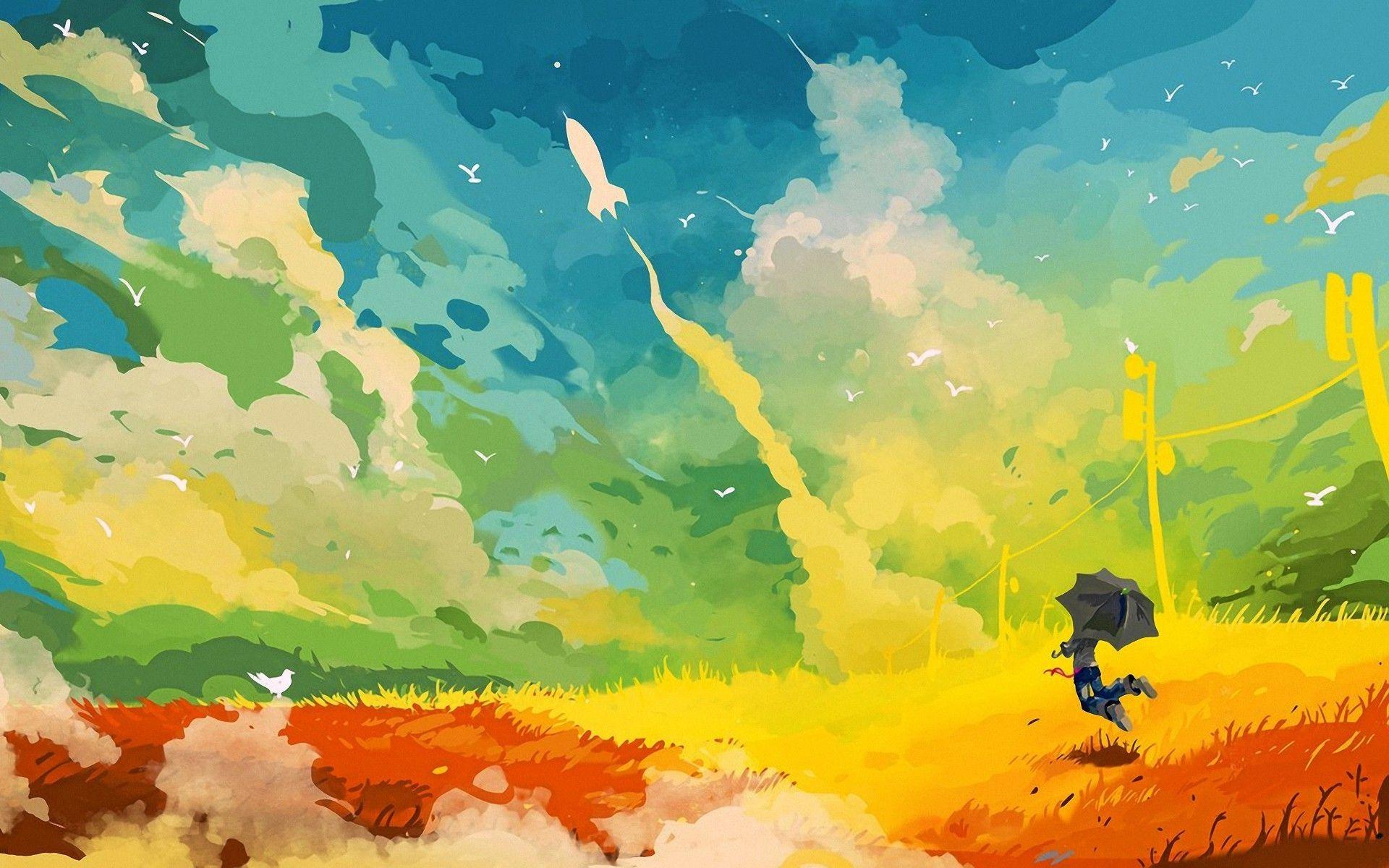 1920x1200 Painting of a man with an umbrella Wallpaper