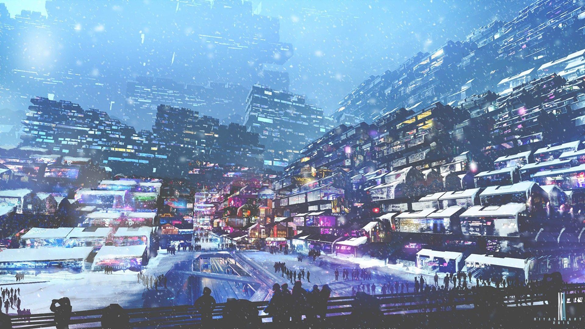 1920x1080 artwork, Digital Art, City, Futuristic, Cyberpunk, Snow, Lights, People, Winter Wallpaper HD / Desktop and Mobile Background
