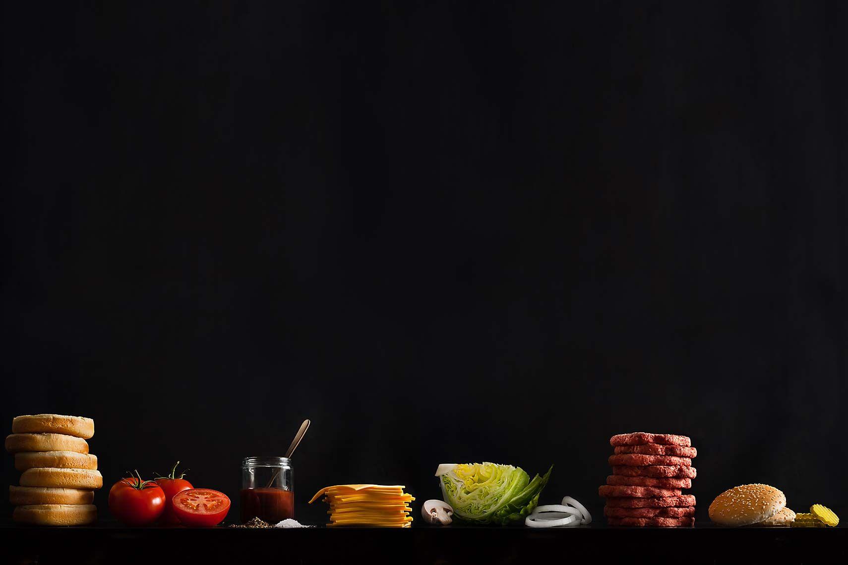 1710x1140 Free download Burger King Raw Ingredients lined up on a dark