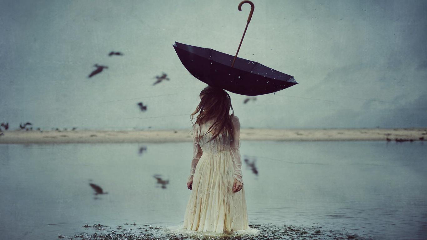 1366x768 Girl And Umbrella Wallpaper HD Wallpaper