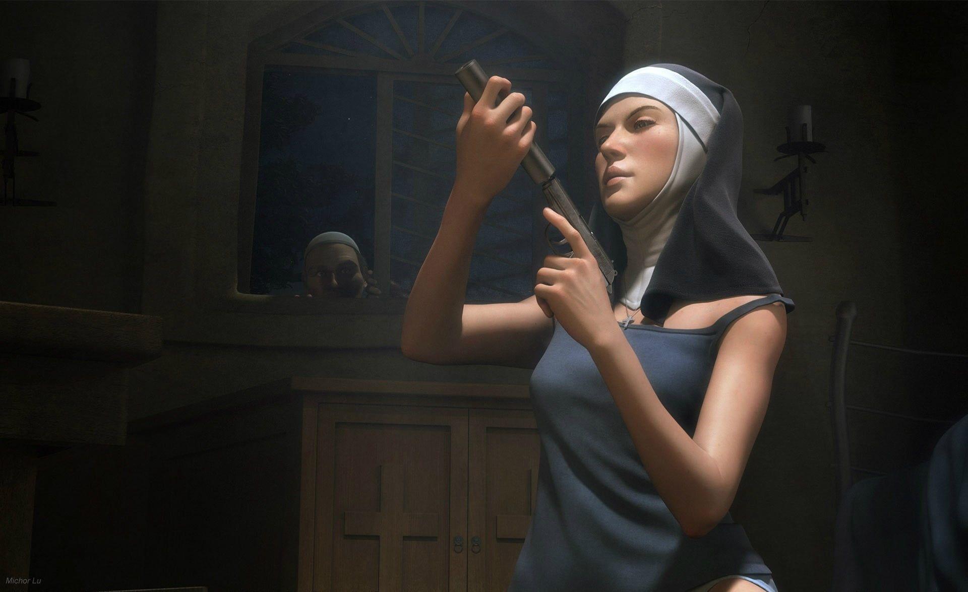 1920x1175 Nun holding rifle digital wallpaper, nuns, artwork, weapon