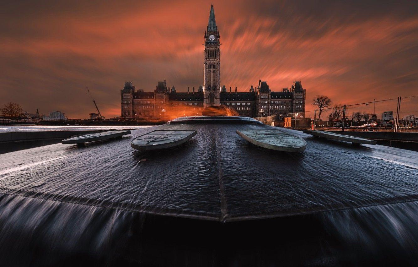 1332x850 Wallpaper night, the city, Canada, fountain, Ottawa, Peace
