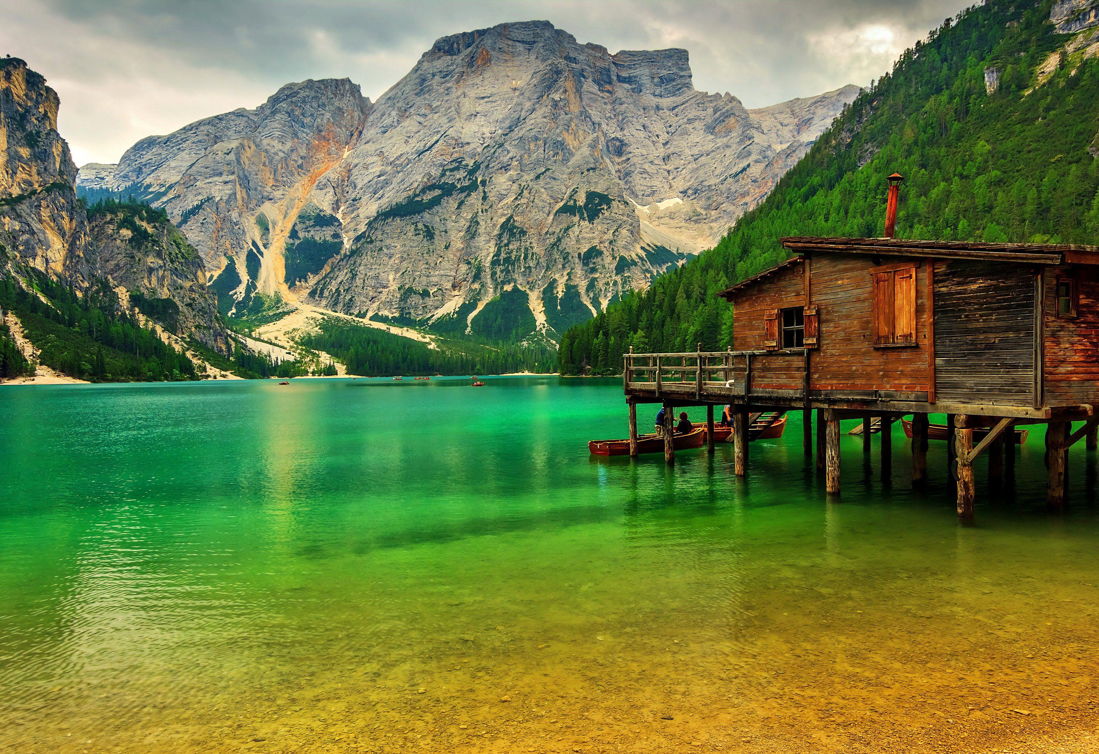 3500x2403 mountain, Lake, Lake, Sudtirol, Italy, Boat, Pier, Rocks
