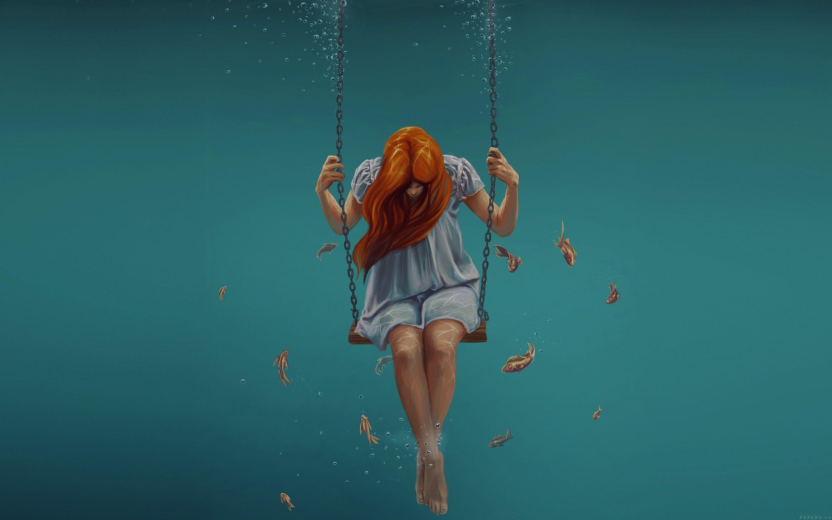 2880x1800 Beauty, Free, HD Desktop Wallpaper, Girl, Painting, Fish