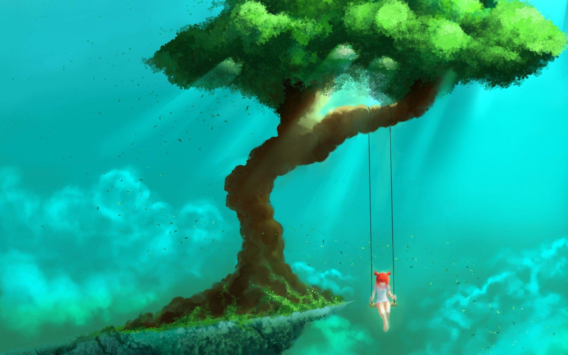 1920x1200 Trees, Little girl, swing Desktop wallpaper 1920x1080