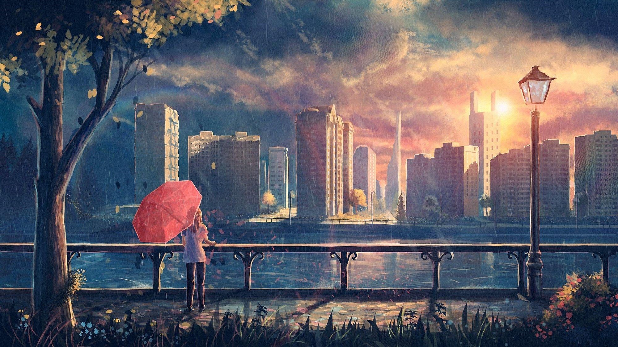 2000x1125 artwork fantasy art anime rain city park umbrella wallpaper