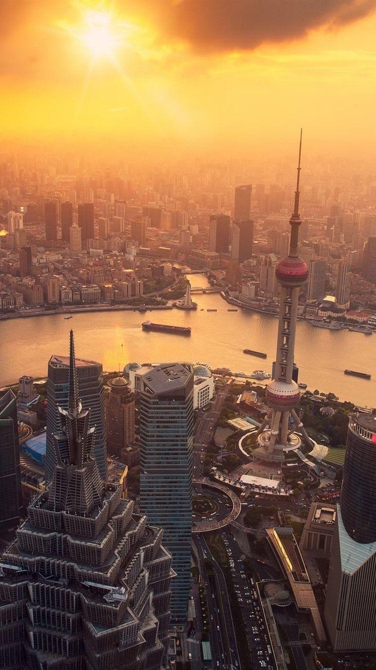 750x1334 Shanghai, city at morning, fog, sunrise, skyscrapers, China