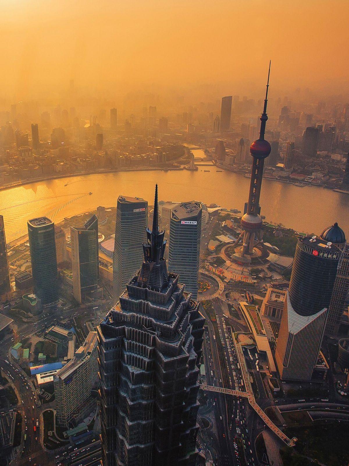 1200x1600 Shanghai Cityscape Sunset Android Wallpaper free download