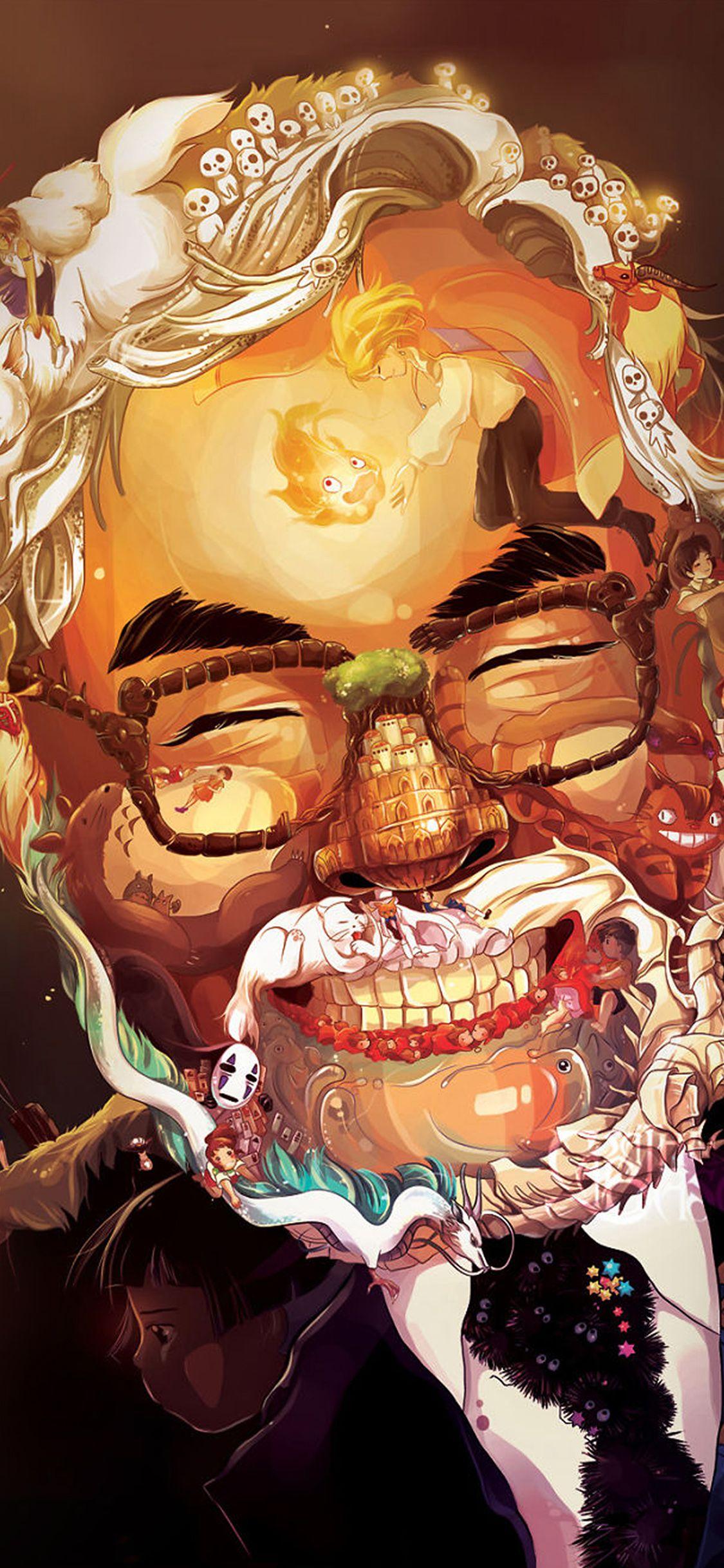 1125x2436 iPhone wallpaper. studio ghibli face art