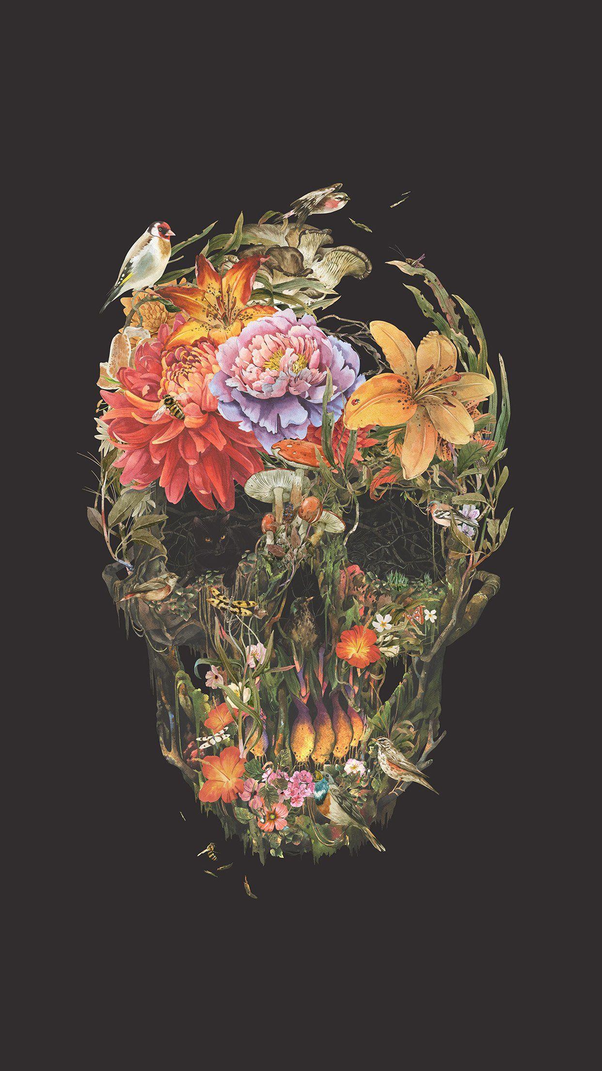 1242x2208 Skull Flower Dark Painting Art Wallpaper