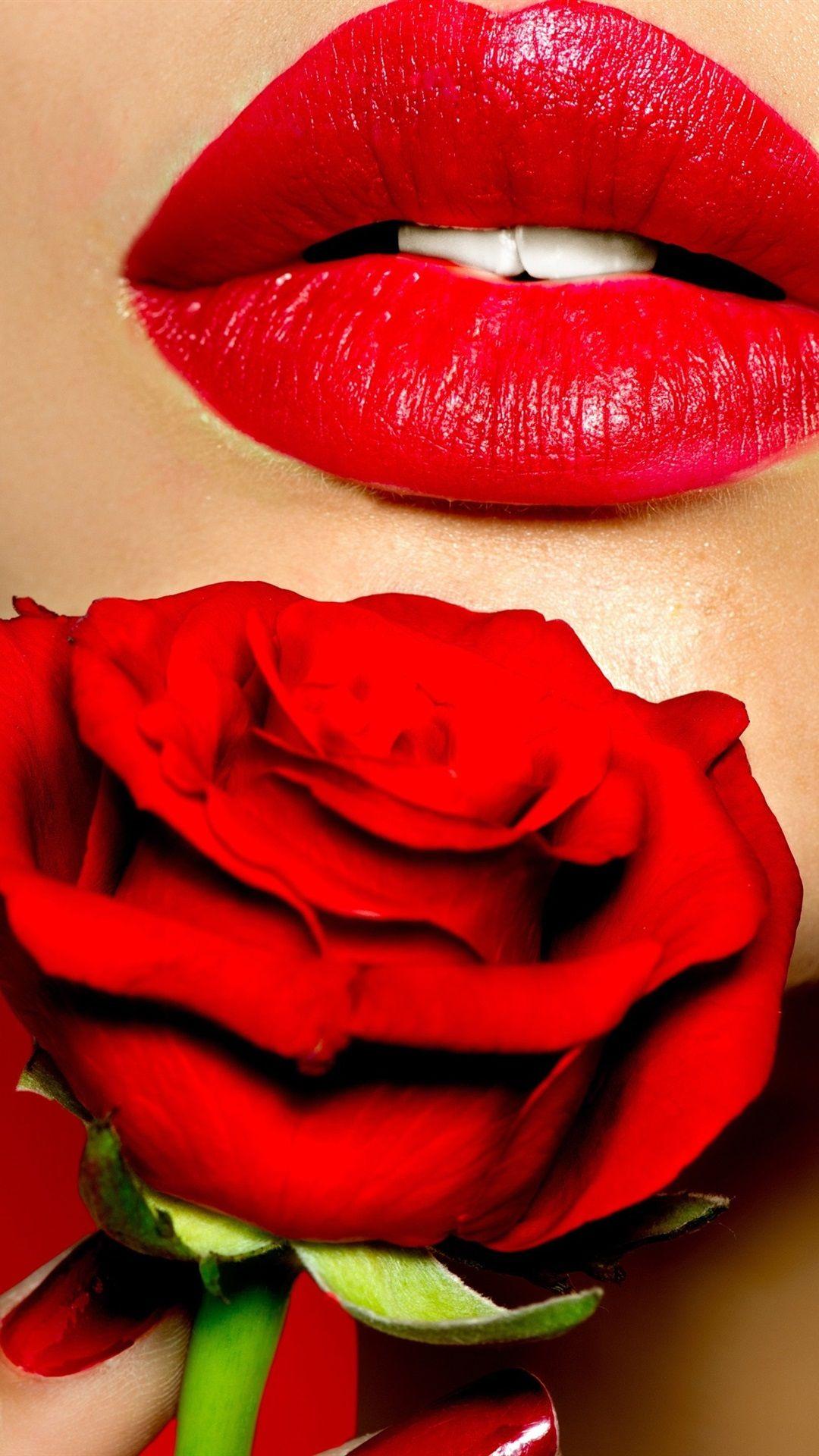 1080x1920 Girl face, lips, lipstick, red rose flower 1080x1920 iPhone