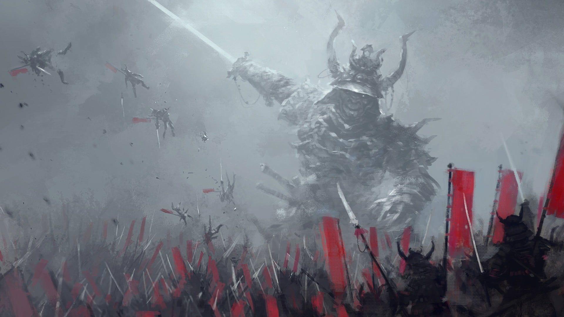 1920x1080 People beneath with giant knight holding sword painting