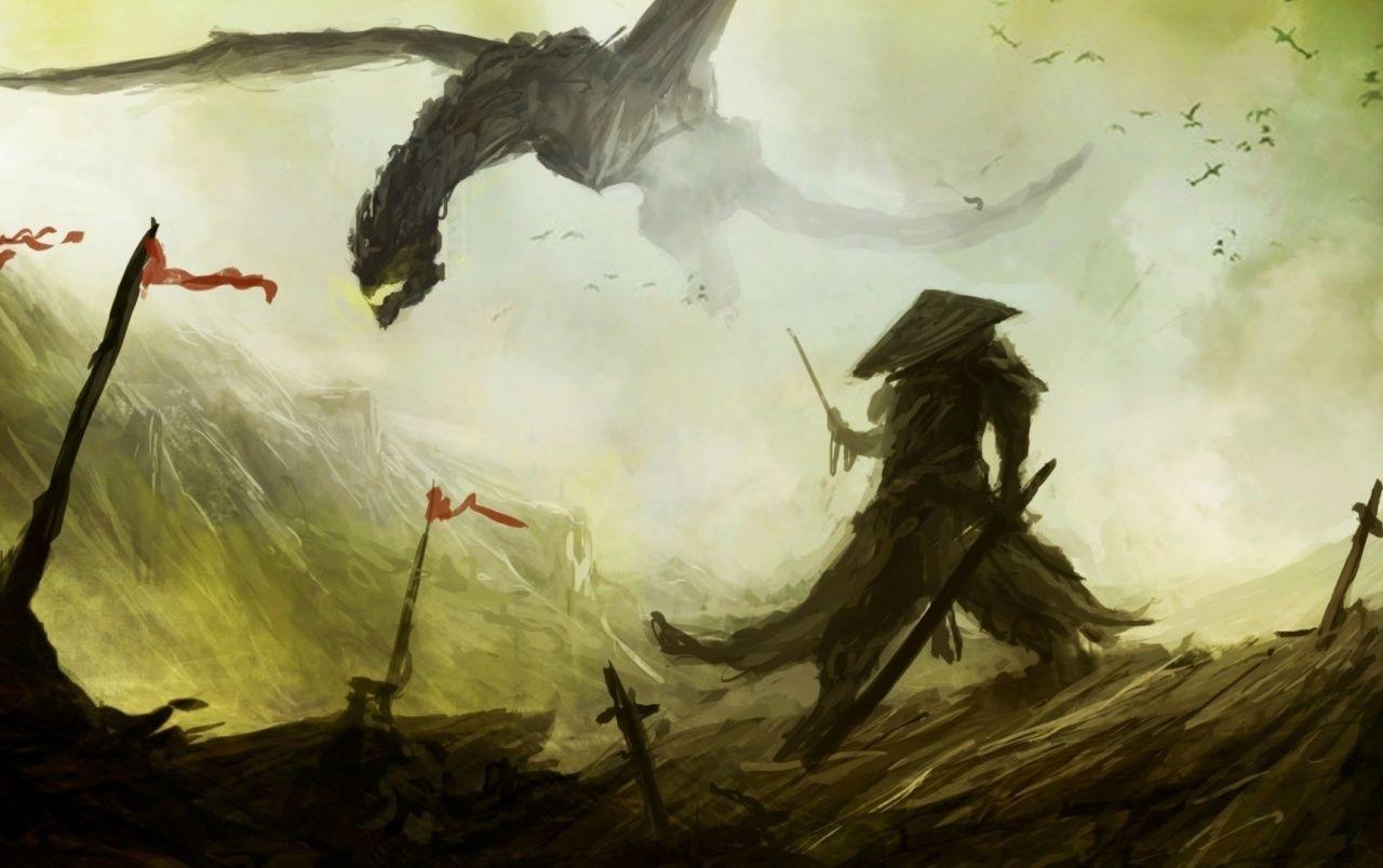 1280x804 Dragon and Samurai Fantasy Art wallpaper