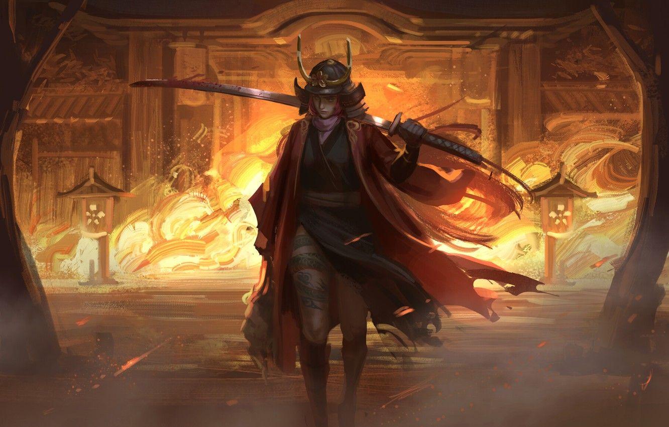 1332x850 Wallpaper fire, girl, sword, blood, fantasy, trees, weapon