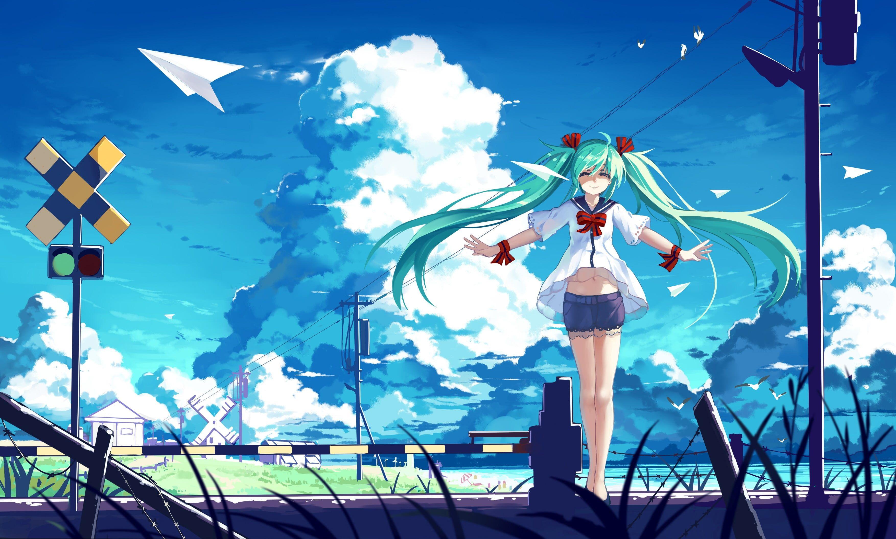 3507x2108 Hatsune Miku illustration, Hatsune Miku, clouds, railway, Vocaloid HD wallpaper