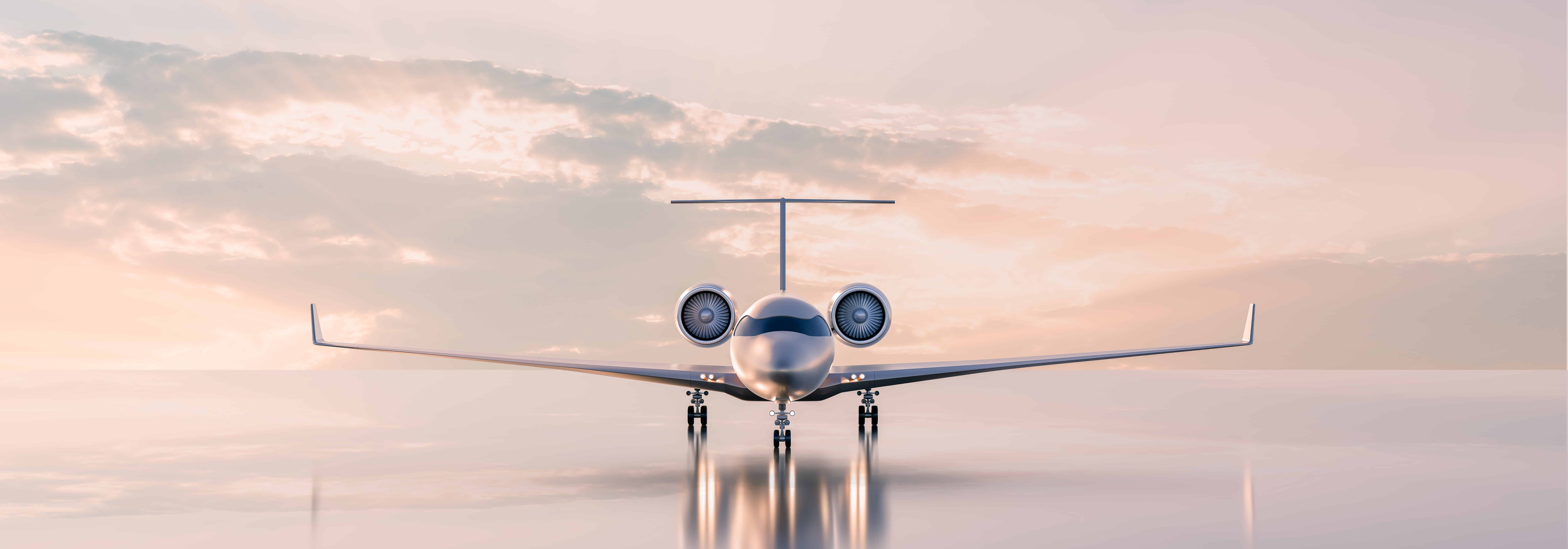 10000x3500 Business class travel concept, luxury private jet at sunset or sunrise. 3D illustration. Jet Center