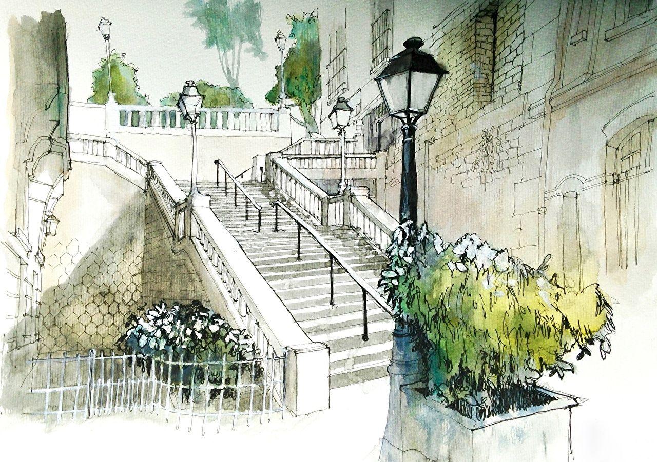 1280x901 Desktop Wallpaper Paris France Montmartre Stairs Street lights