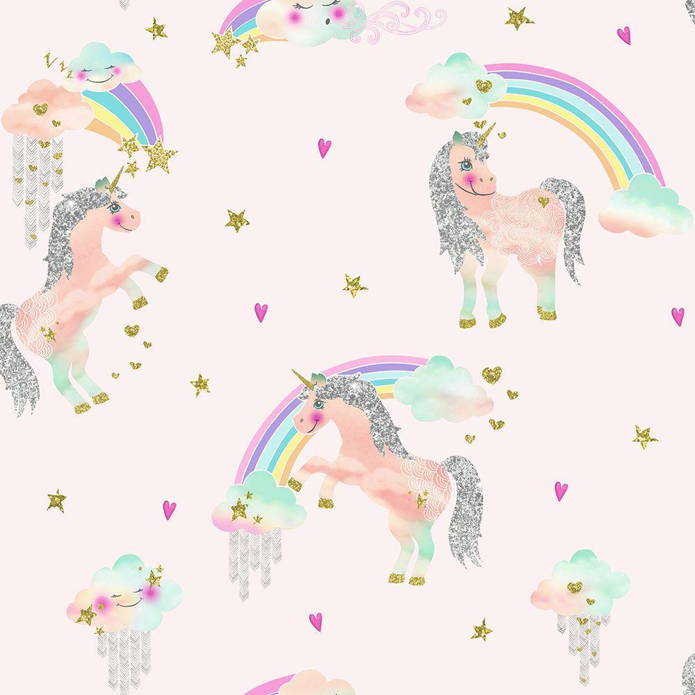 1000x1000 Details about Rainbow Unicorn Wallpaper Girls Bedroom Glitter Sparkle Pale Pink Silver