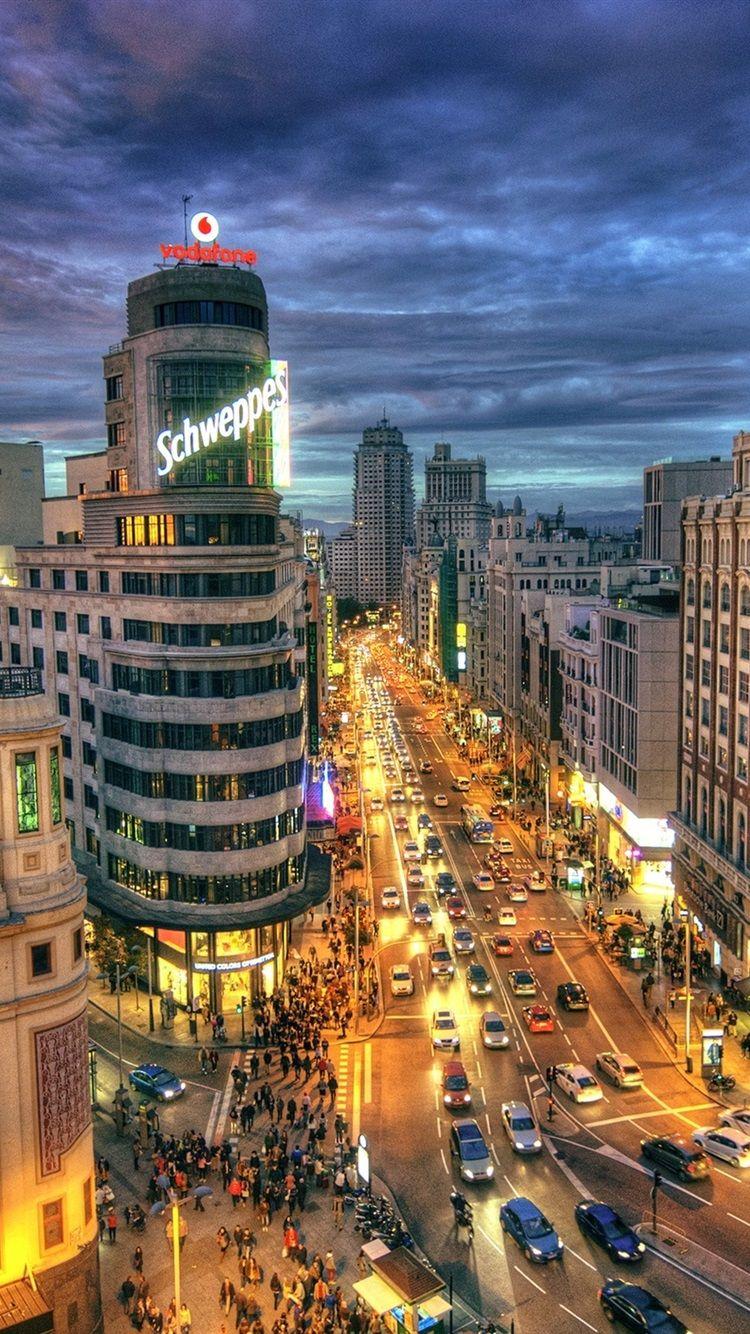 750x1334 Spain, Madrid, City Street, Road, Buildings, Night, Lights 750x1334 IPhone 8 7 6 6S Wallpaper, Background, Picture, Image