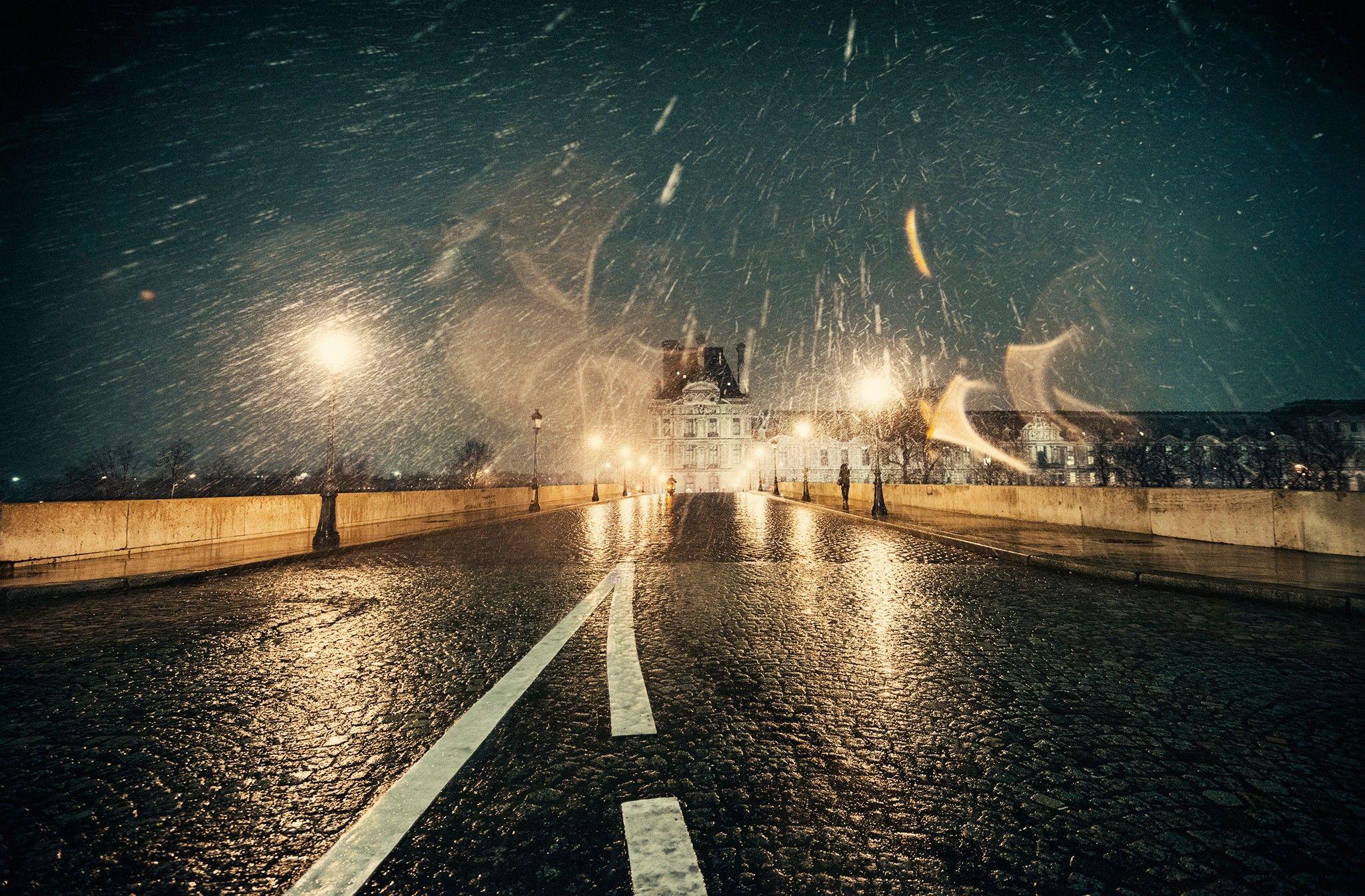 2048x1345 road france night paris city winter snow flakes wet